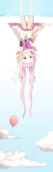 Anime picture 930x3000 with original bzerox long hair tall image blue eyes sitting twintails pink hair cloud (clouds) upside down girl dress bowtie balloon