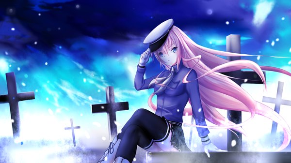 Anime picture 1920x1080 with vocaloid megurine luka onigiri001 single long hair looking at viewer highres blue eyes wide image sitting pink hair crossed legs girl thighhighs skirt black thighhighs cross peaked cap