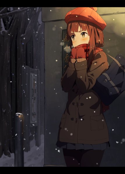 Anime picture 1200x1679 with original kinta (distortion) single long hair tall image blush brown hair brown eyes looking away snowing letterboxed winter snow exhalation covered mouth cold girl school bag coat cap