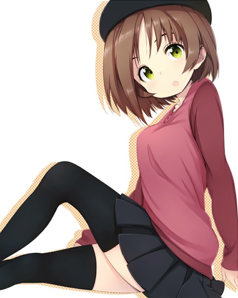 Anime picture 760x950 with original zizi (zz22) single tall image looking at viewer short hair open mouth simple background brown hair white background green eyes pleated skirt girl thighhighs skirt black thighhighs cap