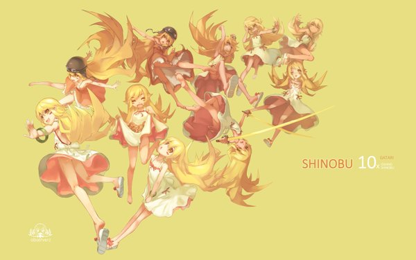 Anime picture 1440x900 with bakemonogatari shaft (studio) monogatari (series) oshino shinobu observerz long hair looking at viewer open mouth light erotic blonde hair smile wide image multiple girls holding ass eyes closed barefoot pointy ears inscription teeth