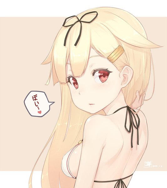 Anime picture 960x1080 with kantai collection yuudachi destroyer dan (kumadan) single long hair tall image looking at viewer blush light erotic blonde hair red eyes bare shoulders signed parted lips looking back arm up teeth fang (fangs) hieroglyph adjusting hair