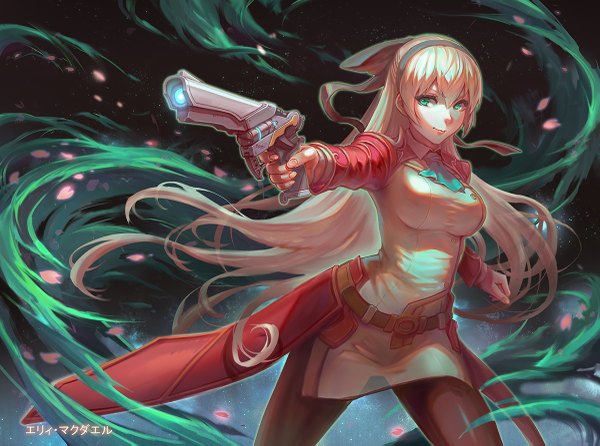 Anime picture 1200x893 with eiyuu densetsu zero no kiseki elie macdowell haoni single long hair looking at viewer green eyes white hair dark background girl dress weapon petals hairband gun