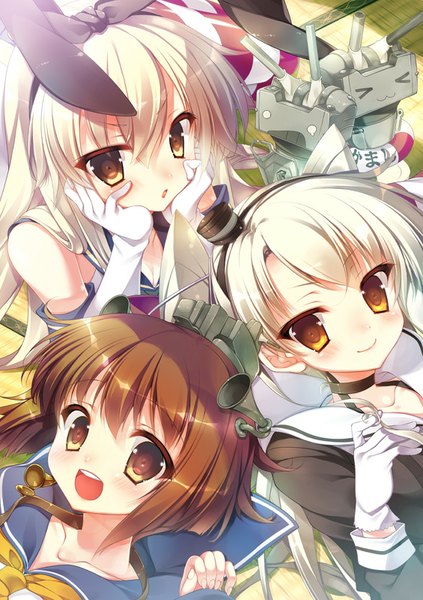 Anime picture 565x800 with kantai collection shimakaze destroyer rensouhou-chan amatsukaze destroyer rensouhou-kun yukikaze destroyer mitsumomo mamu long hair tall image blush short hair open mouth smile brown hair multiple girls brown eyes white hair :d sunlight arm support