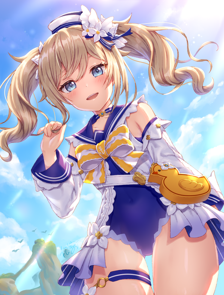 Anime picture 759x1000 with genshin impact barbara (genshin impact) barbara (summertime sparkle) (genshin impact) matsunashi noe single long hair tall image looking at viewer open mouth blue eyes light erotic blonde hair twintails sky cloud (clouds) outdoors :d from below official alternate costume girl