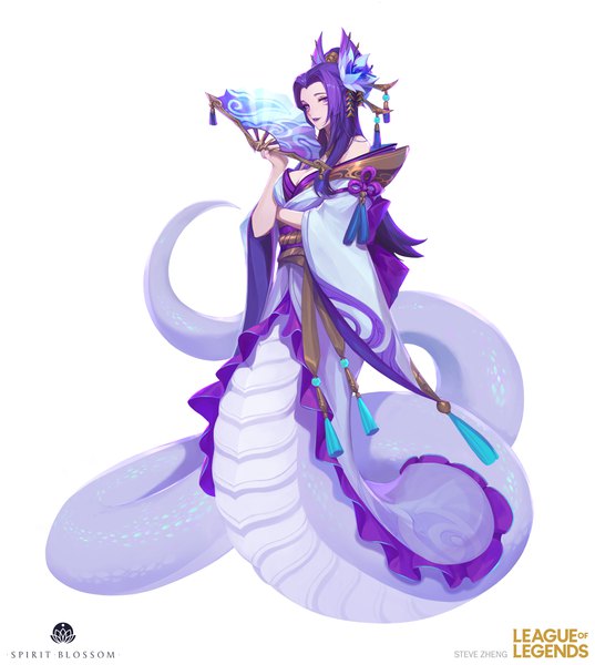 Anime picture 3840x4292 with league of legends cassiopeia (league of legends) spirit blossom cassiopeia steve zheng single long hair tall image looking at viewer highres breasts simple background smile large breasts white background purple eyes signed absurdres cleavage purple hair traditional clothes