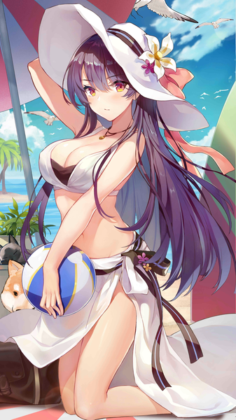 Anime picture 1152x2048 with girl cafe gun shi wuxia criin single long hair tall image looking at viewer blush fringe breasts light erotic black hair hair between eyes large breasts holding sky cleavage outdoors arm up official art