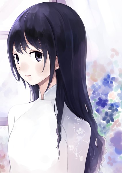 Anime picture 1240x1754 with original shadow2810 single long hair tall image looking at viewer black hair smile lips black eyes teeth girl flower (flowers)