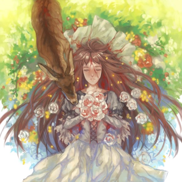 Anime picture 1200x1200 with original pixiv fantasia pixiv fantasia sword regalia kouno hitaki (artist) single long hair fringe brown hair holding lying from above lips on back wedding bleeding girl dress flower (flowers) animal petals