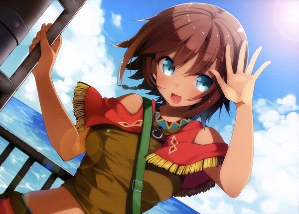 Anime picture 6979x5001 with suisei no gargantia production i.g amy (suisei no gargantia) umibouzu (niito) single looking at viewer blush highres short hair open mouth blue eyes brown hair absurdres sky cloud (clouds) scan official art girl