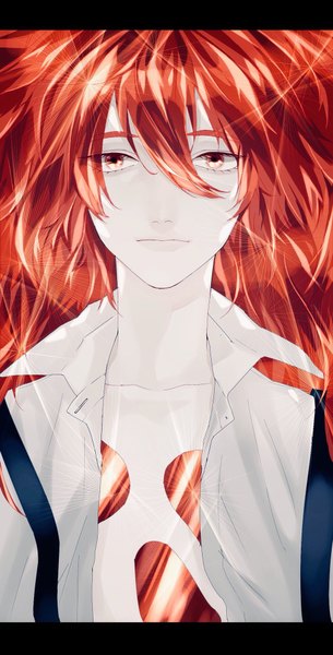 Anime picture 1042x2048 with houseki no kuni padparadscha (houseki no kuni) hana (kyonkyon999) single long hair tall image looking at viewer fringe hair between eyes red eyes red hair lips sparkle open shirt letterboxed expressionless androgynous shirt