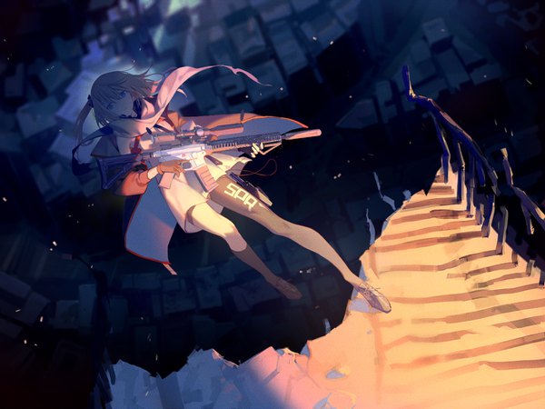 Anime picture 1320x990 with girls frontline st ar-15 (girls frontline) yamakawa single long hair looking at viewer fringe blue eyes hair between eyes holding full body open jacket dutch angle depth of field one side up shaded face falling asymmetrical legwear girl dress