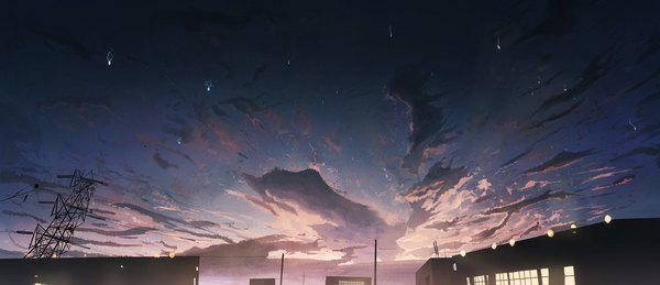 イラスト 2000x864 と オリジナル banishment highres wide image 空 cloud (clouds) evening sunset no people landscape 建物 送電線