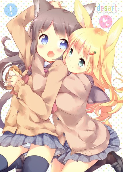 Anime picture 744x1044 with original ech tall image blush fringe open mouth blue eyes light erotic blonde hair multiple girls green eyes animal ears looking away bent knee (knees) tail animal tail pleated skirt light smile wind grey hair