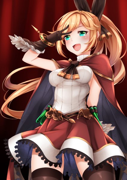 Anime picture 566x800 with granblue fantasy clarisse (granblue fantasy) helther single long hair tall image blush open mouth smile :d aqua eyes orange hair victory girl thighhighs gloves bow black thighhighs hair bow black gloves