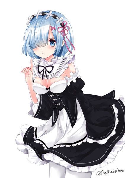 Anime-Bild 800x1137 mit re:zero kara hajimeru isekai seikatsu white fox rem (re:zero) nanase nao single tall image looking at viewer blush fringe short hair breasts blue eyes simple background smile white background signed blue hair cleavage hair over one eye wide sleeves