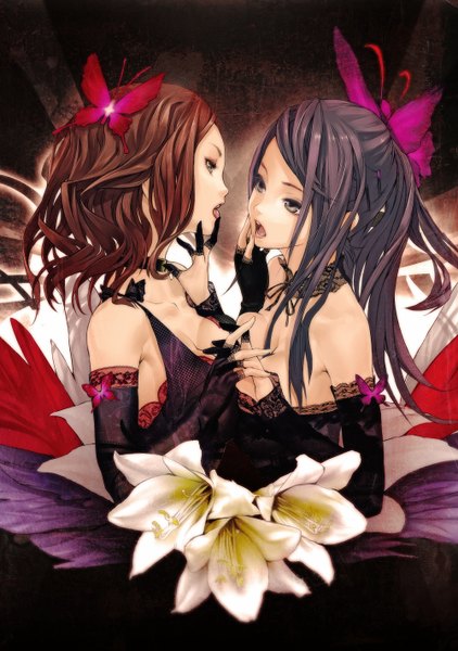 Anime picture 1000x1422 with vocaloid magnet (vocaloid) redjuice long hair tall image open mouth light erotic black hair brown hair multiple girls brown eyes yellow eyes cleavage purple hair holding hands finger to mouth shoujo ai breast press interlocked fingers curly hair