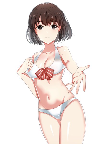Anime picture 1308x1960 with saenai heroine no sodatekata a-1 pictures katou megumi eossim single tall image looking at viewer fringe short hair breasts light erotic simple background brown hair white background cleavage black eyes outstretched arm groin foreshortening girl