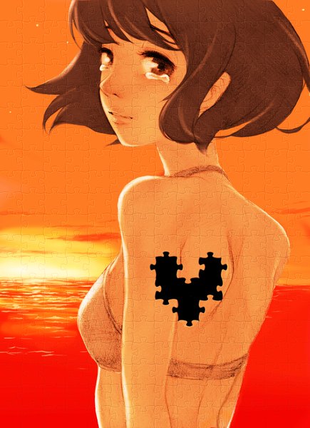 Anime picture 1272x1752 with original asahi (pixiv) single tall image short hair brown hair brown eyes sky from behind tears back evening sunset hands behind back orange background girl swimsuit water heart sea