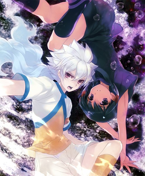 Anime picture 761x922 with inazuma eleven inazuma eleven go shuu (inazuma eleven) hakuryuu (inazuma eleven) ni (2shi) long hair tall image looking at viewer short hair open mouth black hair purple eyes silver hair multicolored hair aqua hair arms up multiple boys outstretched arm gradient hair upside down