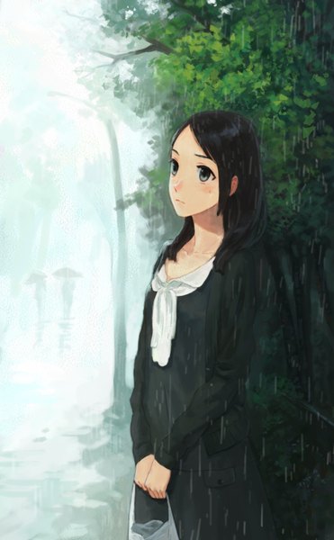 Anime picture 998x1614 with original lensa long hair tall image blush black hair holding grey eyes rain silhouette girl skirt plant (plants) tree (trees) bag people
