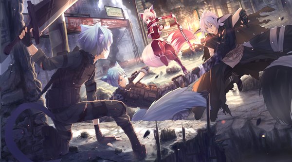 Anime picture 1800x1004 with original riki-to highres short hair blue eyes red eyes wide image animal ears pink hair silver hair white hair tail animal tail ruins battle boy gloves uniform weapon sword