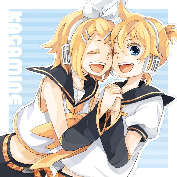 Anime picture 1000x1000 with vocaloid kagamine rin kagamine len tama (songe) blush short hair open mouth blue eyes blonde hair eyes closed one eye closed wink holding hands border outside border twins interlocked fingers girl boy navel