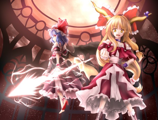 Anime picture 1200x912 with touhou remilia scarlet ibuki suika chaigidhiell long hair short hair blonde hair red eyes multiple girls yellow eyes blue hair profile horn (horns) hand on hip low ponytail bat wings girl dress ribbon (ribbons) bow