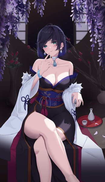 Anime picture 4006x6928 with genshin impact yelan (genshin impact) bakemonsou single tall image looking at viewer fringe highres short hair breasts blue eyes light erotic black hair large breasts sitting bare shoulders holding absurdres cleavage braid (braids)