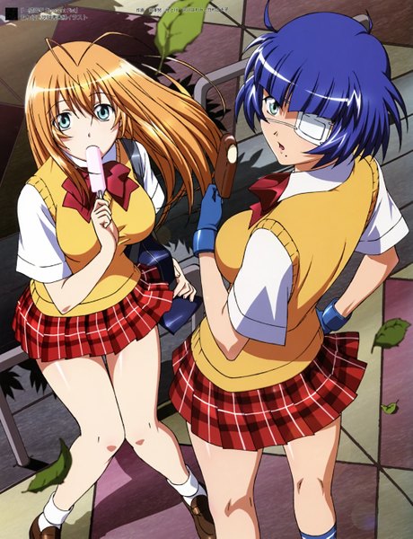 Anime picture 4299x5601 with ikkitousen sonsaku hakufu ryomou shimei tall image highres multiple girls green eyes blue hair absurdres ahoge looking back scan orange hair eating girl skirt gloves uniform 2 girls school uniform