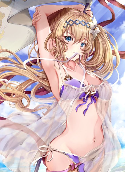 Anime picture 1240x1705 with granblue fantasy jeanne d'arc (granblue fantasy) hinahino single long hair tall image looking at viewer blush fringe breasts blue eyes light erotic blonde hair hair between eyes standing bare shoulders holding sky cleavage cloud (clouds)