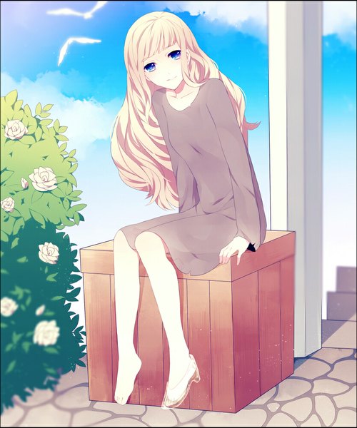Anime picture 833x1000 with the story of cinderella cinderella achiki single long hair tall image looking at viewer fringe blue eyes blonde hair sitting sky cloud (clouds) outdoors high heels multicolored eyes single shoe girl flower (flowers) animal