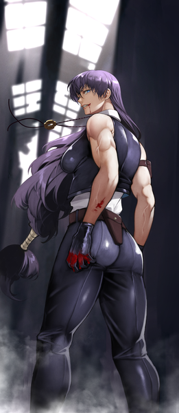 Anime picture 2700x6200 with black lagoon madhouse roberta (black lagoon) yoshio (55level) single long hair tall image looking at viewer fringe highres breasts blue eyes light erotic hair between eyes standing purple hair ass indoors profile looking back