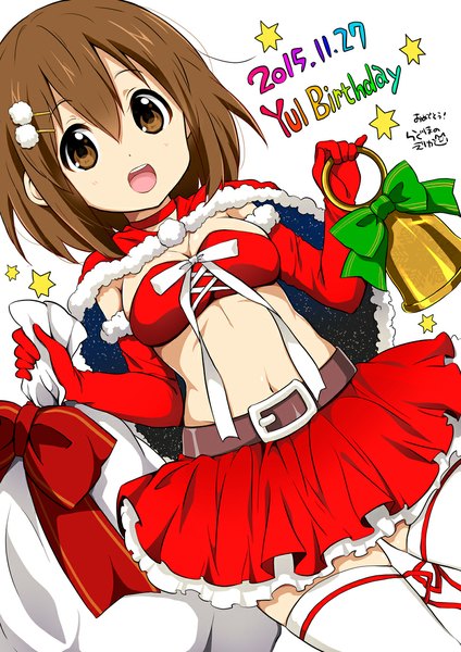 Anime picture 800x1131 with k-on! kyoto animation hirasawa yui ragho no erika single tall image looking at viewer fringe short hair breasts open mouth hair between eyes brown hair holding brown eyes bare belly fur trim dated happy space