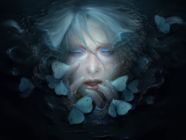 Anime picture 1200x900 with original nagare-boshi (artist) open mouth blue eyes white hair lips realistic face eyeshadow freckles girl water insect butterfly
