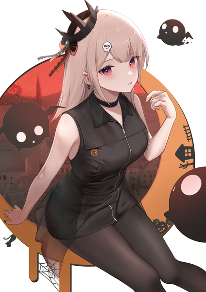 Anime picture 992x1403 with original nokke o single long hair tall image blonde hair red eyes sitting from above sleeveless halloween girl dress hair ornament earrings pantyhose choker black pantyhose black dress short dress