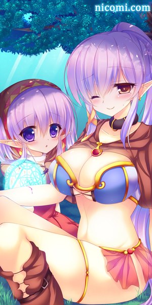 Anime picture 500x1000 with original suzunone rena long hair tall image looking at viewer blush breasts light erotic smile red eyes large breasts purple eyes multiple girls purple hair ponytail one eye closed pointy ears wink girl 2 girls