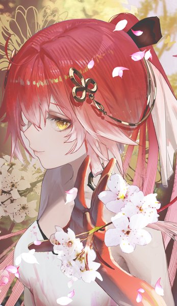 Anime picture 2958x5120 with wuthering waves changli (wuthering waves) c1718259 single long hair tall image fringe highres smile hair between eyes yellow eyes upper body ponytail red hair from above cherry blossoms girl gloves flower (flowers) petals