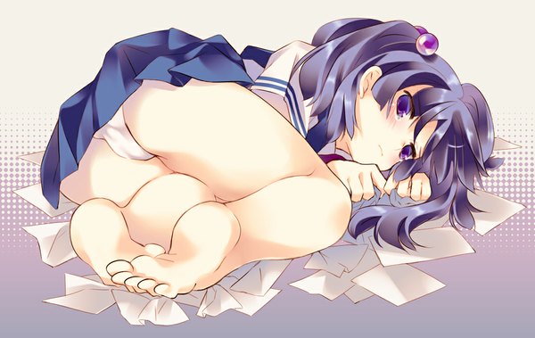 Anime picture 1059x669 with clannad key (studio) ichinose kotomi onodera single long hair blush light erotic purple eyes blue hair lying pleated skirt barefoot pantyshot tears girl skirt hair ornament underwear panties