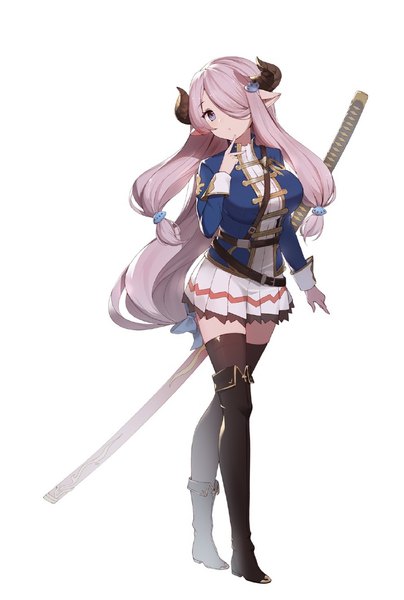 Anime-Bild 690x1025 mit granblue fantasy narmaya (granblue fantasy) gin00 single long hair tall image fringe breasts blue eyes simple background large breasts standing white background pink hair full body long sleeves head tilt pleated skirt horn (horns) pointy ears