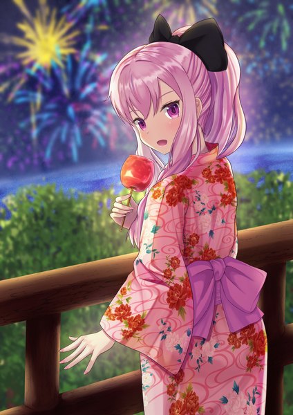 Anime picture 1447x2047 with zero no tsukaima j.c. staff louise francoise le blanc de la valliere maryuu (like-af) single long hair tall image looking at viewer blush fringe open mouth holding payot pink hair outdoors ponytail traditional clothes :d japanese clothes pink eyes