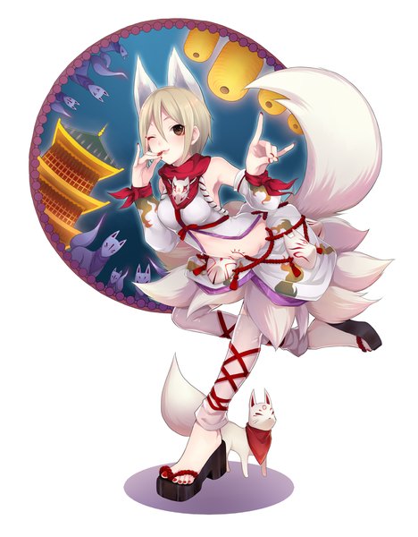 Anime picture 1250x1600 with idolmaster idolmaster cinderella girls shiomi shuuko hinaame single tall image blush short hair blonde hair brown eyes tail traditional clothes animal tail one eye closed wink fox tail fox girl fox shadow puppet girl detached sleeves