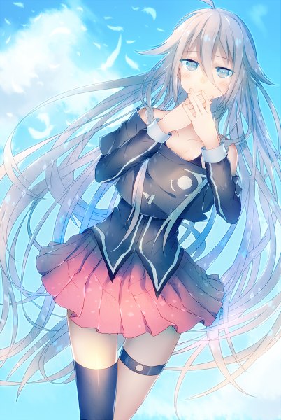 Anime-Bild 804x1200 mit vocaloid ia (vocaloid) abandon ranka single tall image looking at viewer blush fringe blue eyes bare shoulders pink hair sky cloud (clouds) braid (braids) very long hair pleated skirt twin braids girl thighhighs skirt