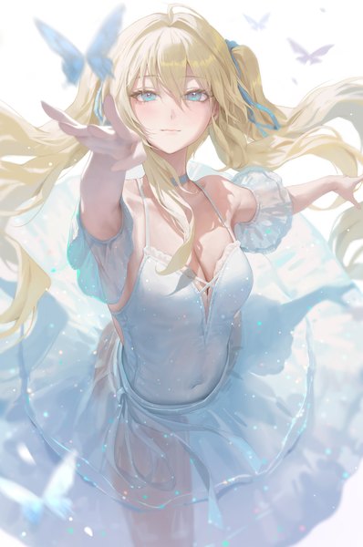 Anime picture 3860x5813 with original bangsom single long hair tall image looking at viewer fringe highres breasts blue eyes light erotic simple background blonde hair hair between eyes large breasts white background twintails bare shoulders absurdres cleavage