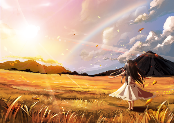 Anime picture 1168x826 with original riburanomind single long hair black hair sky cloud (clouds) sunlight lens flare mountain sunbeam girl dress ribbon (ribbons) plant (plants) hair ribbon leaf (leaves) grass sundress sun