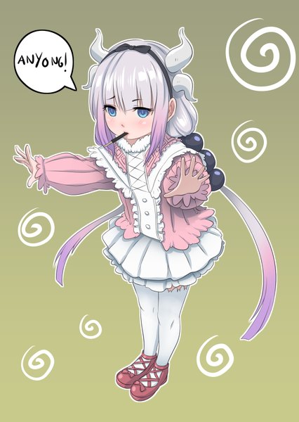 Anime picture 1344x1893 with kobayashi-san chi no maidragon kyoto animation kanna kamui mawa setiawan single tall image looking at viewer fringe blue eyes simple background standing twintails payot silver hair full body blunt bangs long sleeves very long hair horn (horns) low twintails