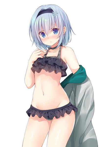 Anime picture 1000x1483 with ryuuou no oshigoto! sora ginko rennkuu single tall image blush fringe short hair blue eyes light erotic simple background hair between eyes white background silver hair embarrassed groin ass visible through thighs girl navel hair ornament