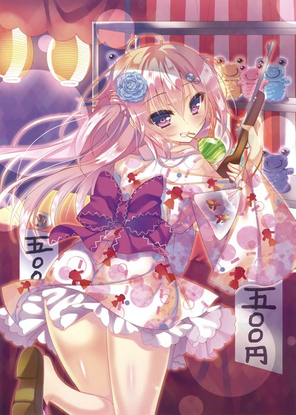 Anime picture 2494x3500 with original nae-nae single long hair tall image looking at viewer blush highres light erotic purple eyes holding pink hair traditional clothes japanese clothes looking back hair flower from behind scan mouth hold animal print