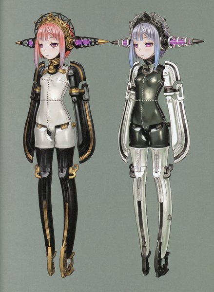 Anime picture 5092x6966 with futurelog (artbook) range murata tall image highres simple background brown hair purple eyes multiple girls payot blue hair absurdres full body pink eyes scan grey background gradient hair expressionless mecha musume robot joints girl