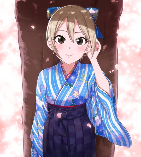 Anime picture 900x1000 with idolmaster idolmaster cinderella girls shiomi shuuko tokita arumi single tall image blush short hair blonde hair smile standing brown eyes long sleeves traditional clothes japanese clothes wide sleeves floral print adjusting hair girl bow
